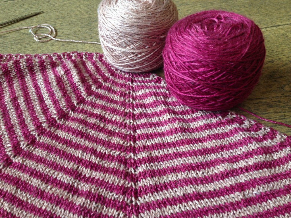 Stripey Wintermute in Kismet Refuge Rhubarb and Blush. Loop, London. www.loopknitlounge.com