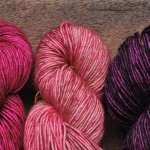 Madelinetosh Merino DK (L-R) Coquette, Fragrant, Purple Basil. Loop, London. www.loopknitlounge.com