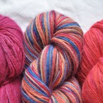 Misti Sock Yarn – (L-R) TF02 Cerise, H60 FIg Pretty, TF51 Zinnia. Loop, London. www.loopknitlounge.com.