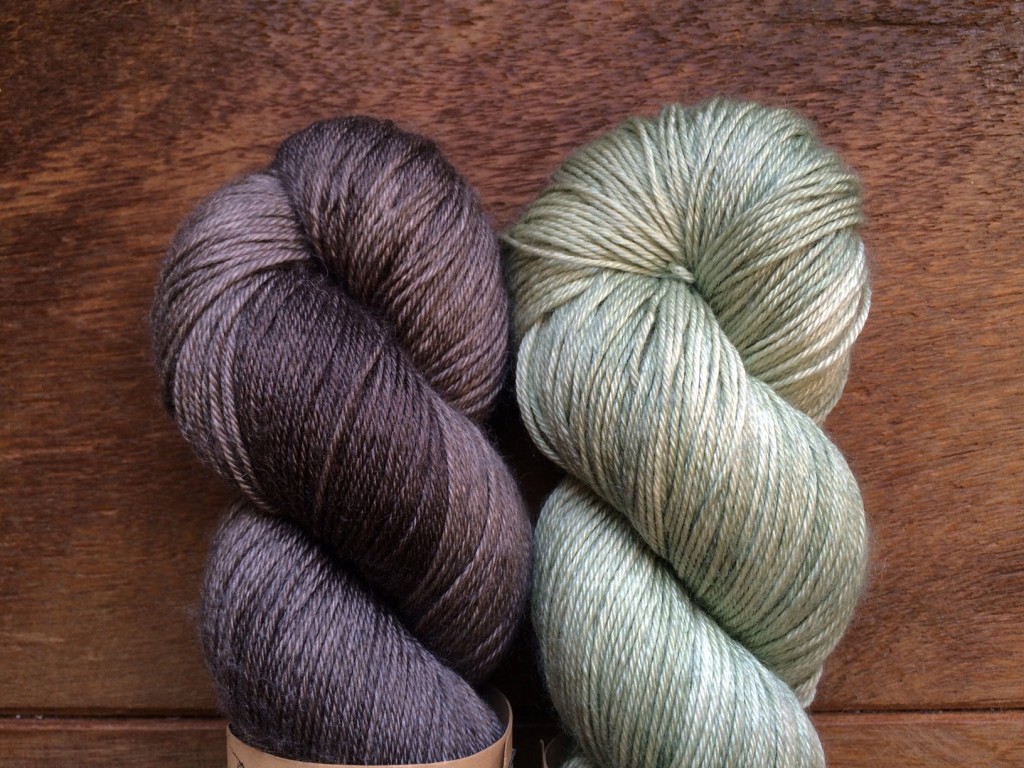 Eden Cottage Titus 4ply (L-R) Charocal and Misty Woods. Loop, London. www.loopknitlounge.com