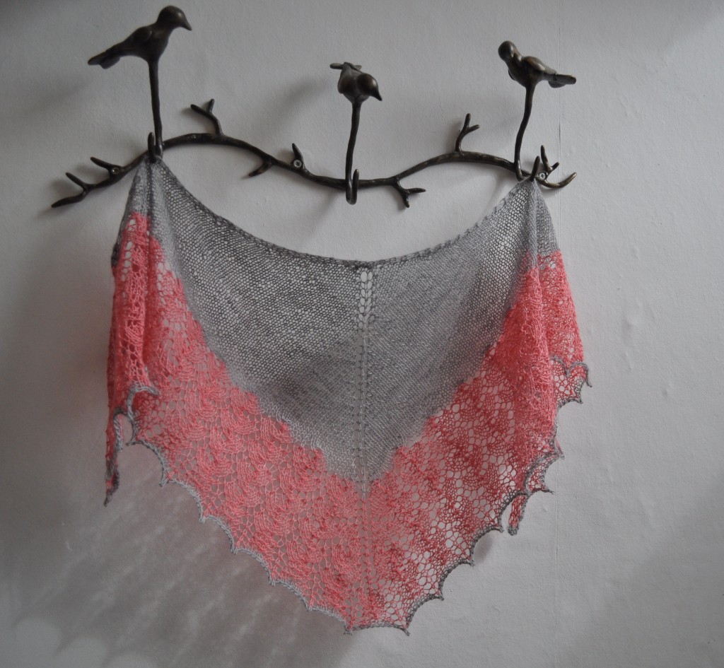Ishbel by Ysolda Teague, in Cowgirlblues Lace, colours- Silver Fox and Blossom.