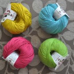 DMC Natura 4 Ply Cotton. Cw from Top Left – 75 Moss Green, 49 Turquoise, 13 Pistachio, 61 Crimson.Loop, London. www.loopknitlounge.com