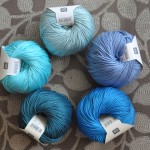 Rico – Cotton DK – CW From Top – 47 Jade, 35 Pigeon Blue, 34 Medium Blue, 042 Blue Green, 031 Aquamarine. Loop, London. www.loopknitlounge.com