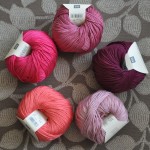 Rico – Cotton DK. CW from Top- 015 Berry,000 Burgundy, 019 Dusky Rose, 068 Flamingo Pink, 13 Magenta. Loop, London. www.loopknitlounge.com