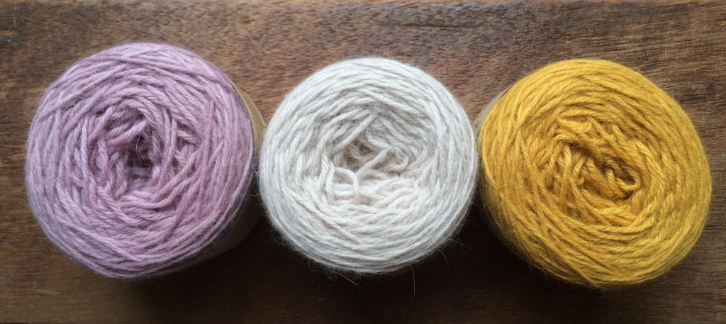 Orkney Angora in Loop's custom colours (L-R) Plum Stain, Ghost, Magical Goose