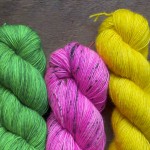 Madelintosh Merino Light (L-R) Seaglass, Beach Bonfire, Chamomile. Loop, London www.loopknitlounge.com