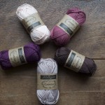Scheepjes Catona Cotton. (CW from bottom) 257 Antique Mauve, 394 Shadow Purple, 263 Petal Peach, 396 Rose Wine, 162 Black Coffee. Loop, London wwww.loopknitlounge.com