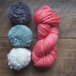 Mrs Moon Pompoms (Top-Bottom) Earl Grey, Sugared Almond, Pavlova and skein of Mrs Moon Plump in Rhubarb Crumble. Loop, London