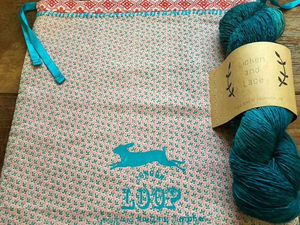 Lichen And Lace in Teal Tide and one of our new handmade Loop project bags in 'Ditsy Leaf'