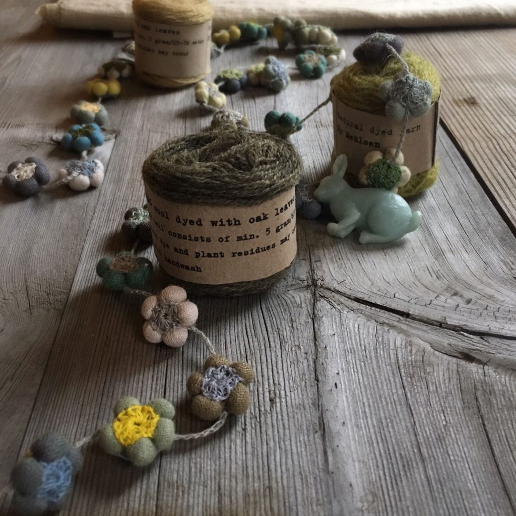 Mette Mehlsen plant dyed yarn with Sophie Digard necklace and resin bunny brooch at Loop London