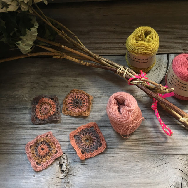 Yarn dyed with natural plants and crochet squares by Mette Mehlsen for Loop London